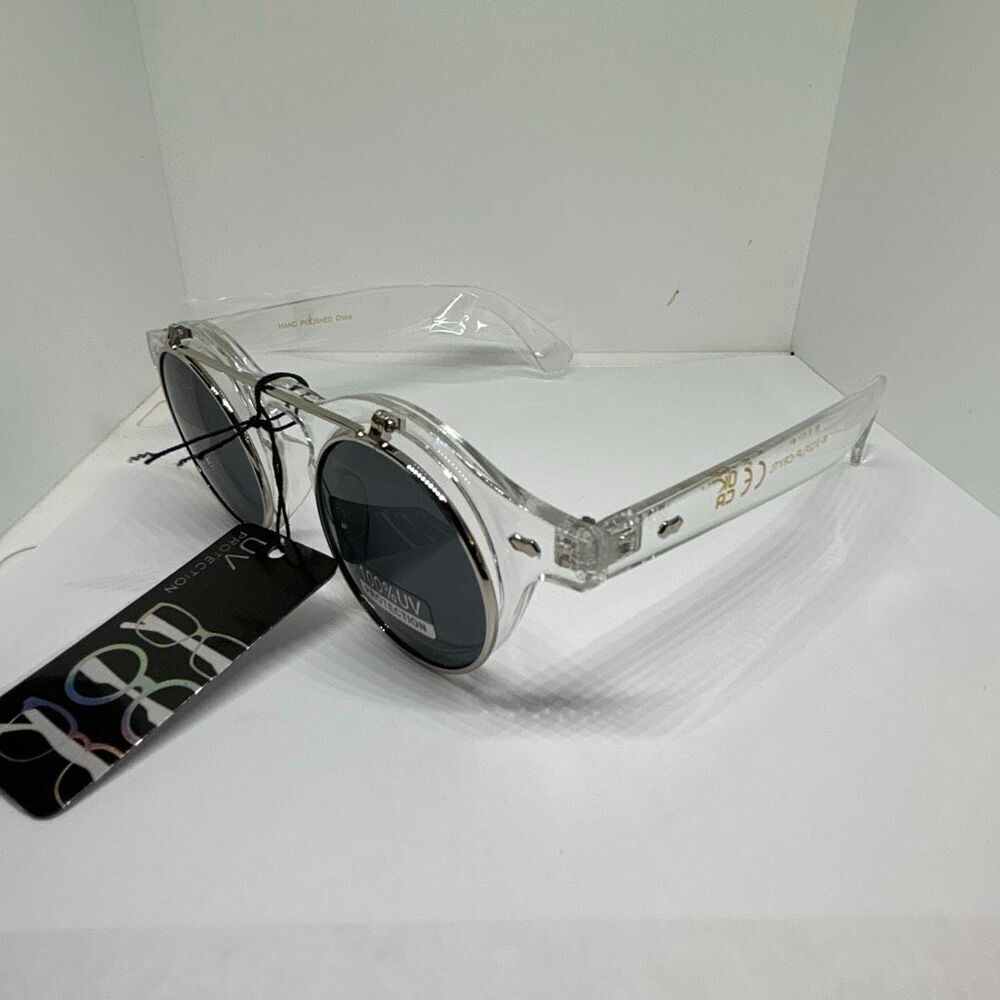 Retro Flip Up Round Sunglasses Smoke Lens Clear Frame UV Protection